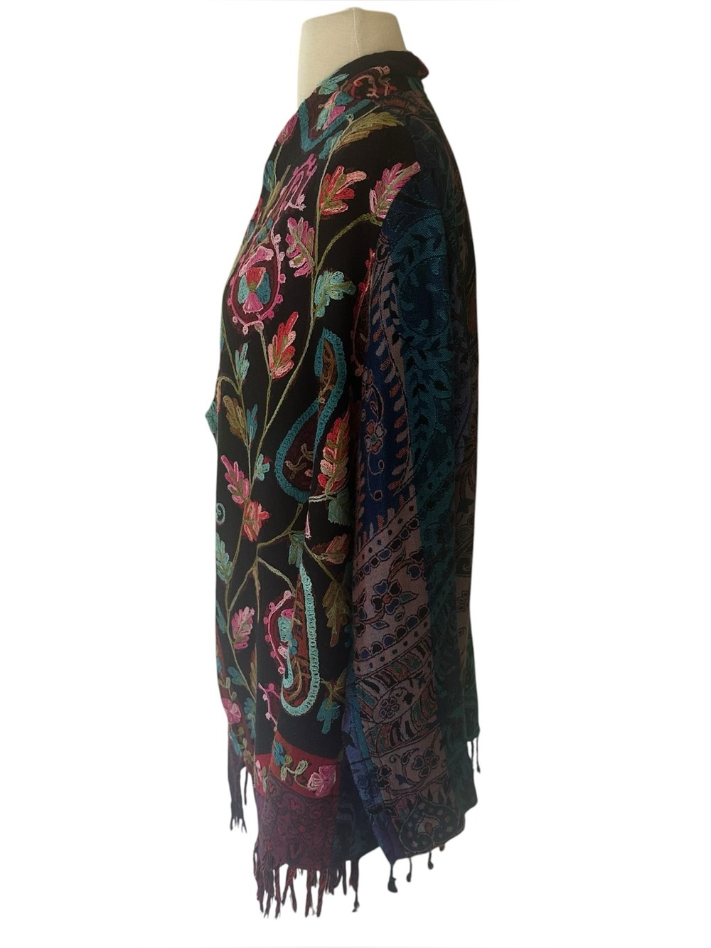 Soft Surroundings Kimono Cardigan M Floral Embroidered Fringe Duster Topper Boho - Picture 4 of 8